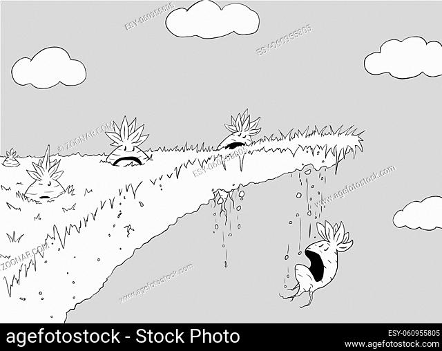 Vegetables dropping through cliff edge, funny cartoon line drawing, vector, horizontal