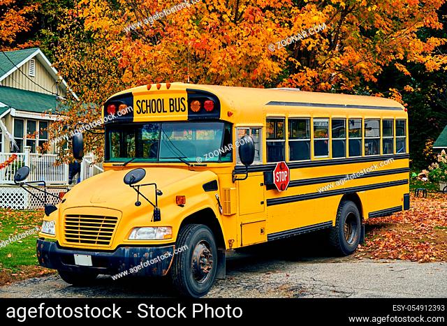 School bus on driveway at autumn, Maine, USA