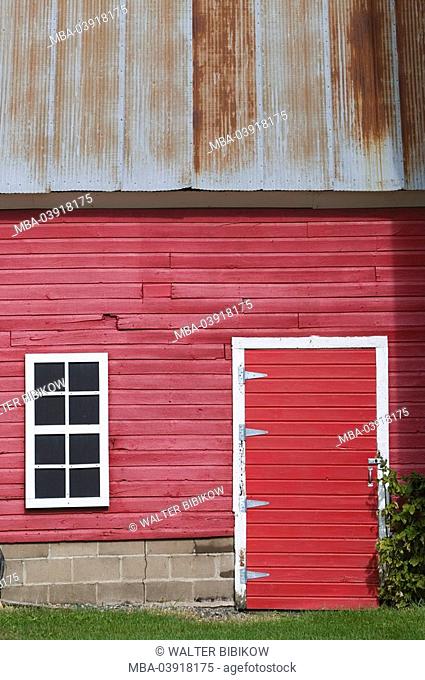 Red barn, outside-facade, windows, entrance, close-up