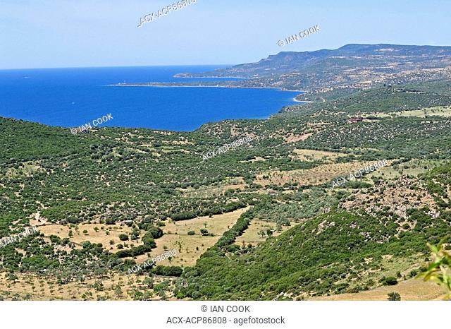 coastline of Biga Peninsula and Aegean Sea viewed from Assos Historic Site, Biga Peninsula, Turkey