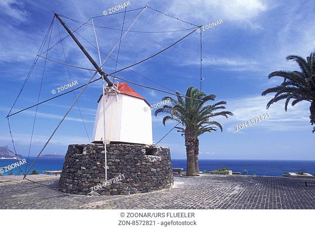 a traditional wind mill on the Island of Porto Santo ot the Madeira Islands in the Atlantic Ocean of Portugal