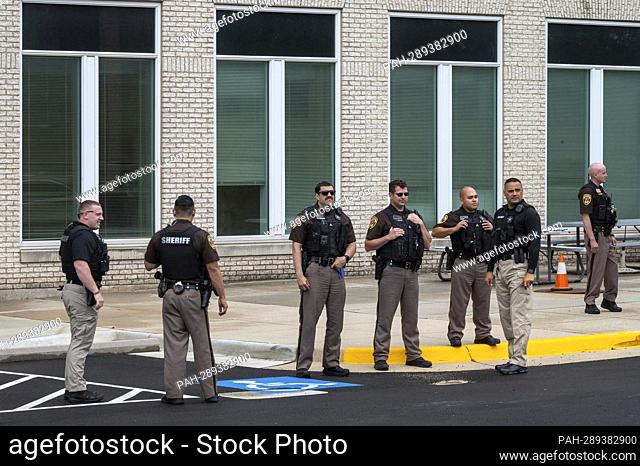 Fairfax County Sheriff’s Deputies prepare for the departures of Johnny Depp and Amber Heard at the Fairfax County Courthouse, in Fairfax, Va
