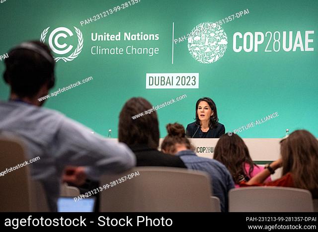 13 December 2023, United Arab Emirates, Dubai: Annalena Baerbock (Alliance 90/The Greens), Federal Foreign Minister, speaks at a press conference