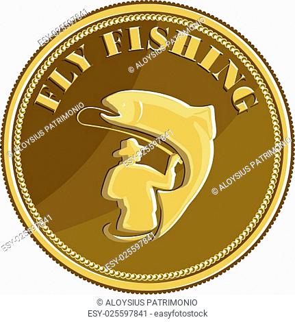 Illustration of a fly fisherman fishing casting rod and reel reeling trout viewed from rear set inside gold brass coin done in retro style