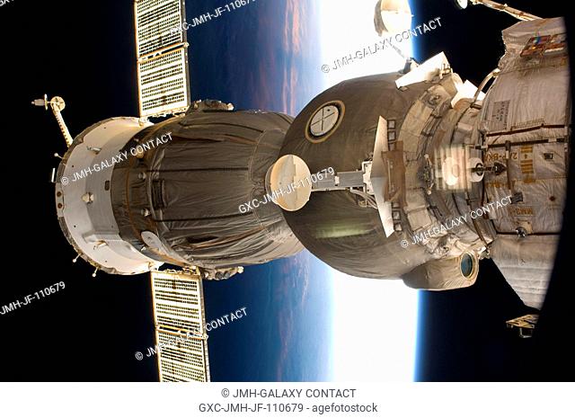 One of two Soyuz spacecrafts docked with the International Space Station is featured in this image photographed by a crew member aboard the station while Space...
