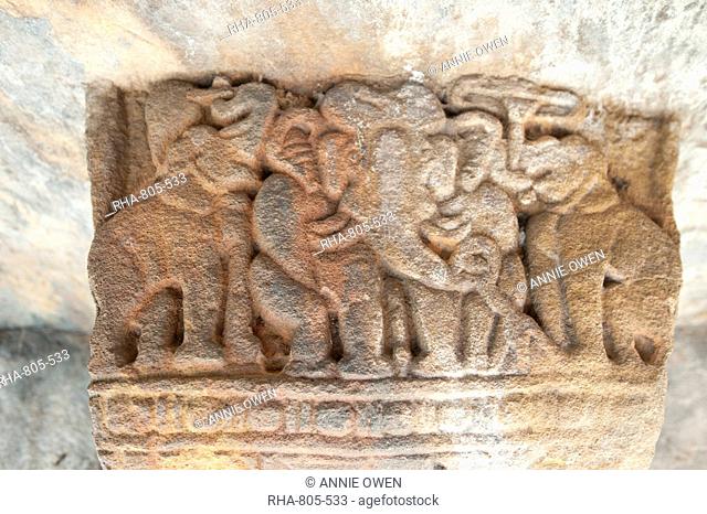 Detail of carving inside one of the 18 Udayagiri caves, used as residences for Jain monks 2000 years ago, Bhubaneshwar, Orissa, India, Asia