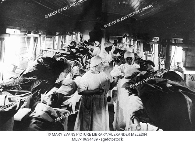 A Russian train being used as a temporary hospital specialising in treatment for patients suffering from Typhoid fever