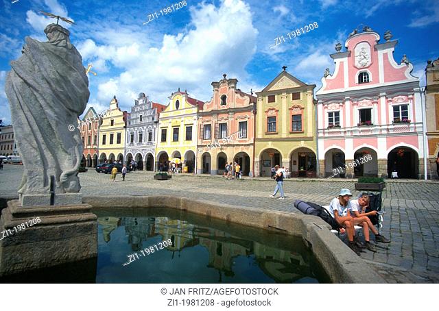 the historic centre of Telc with fountain at Czech