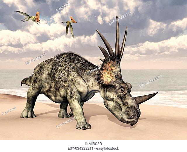 Computer generated 3D illustration with the dinosaur Styracosaurus and the pterosaur Thalassodromeus