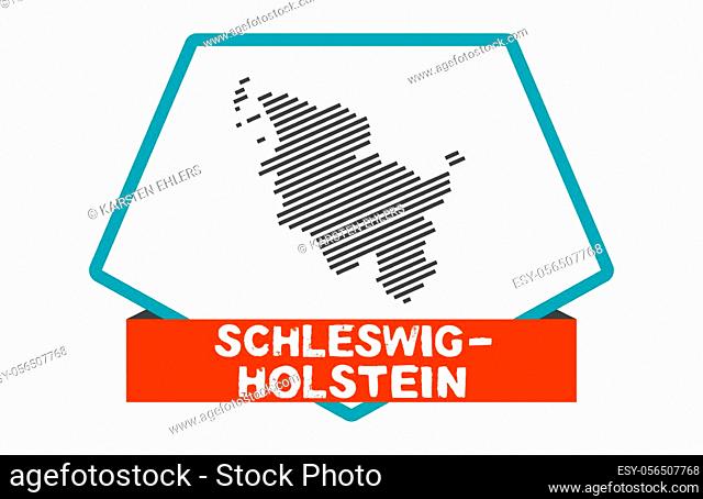 Button with blue frame and red banner showing striped map of german federal state Schleswig-Holstein