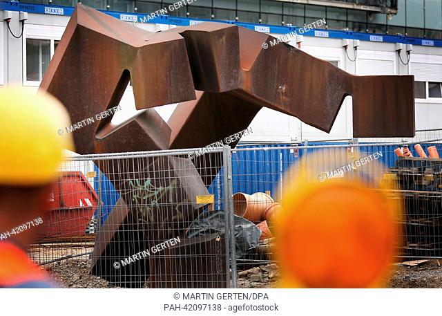 The steel sculpture 'Monumento' by Eduardo Chillida (1924 - 2002) stands on a construction site in Duesseldorf, Germany, 28 August 2013