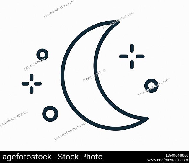 Simple weather icon with half moon or waning crescent with stars in clear sky. Symbol of night time in line art style. Linear flat vector illustration isolated...