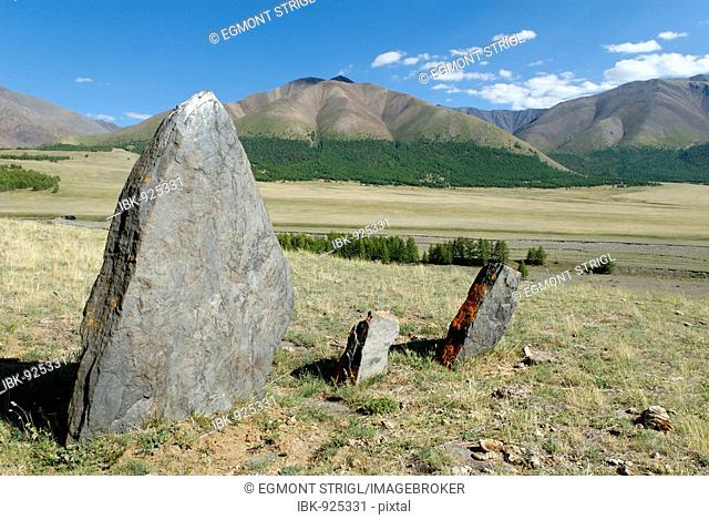Prehistoric rock formations, Saylyugem Mountains, Chuya Steppe, Altai Republic, Siberia, Russia, Asia