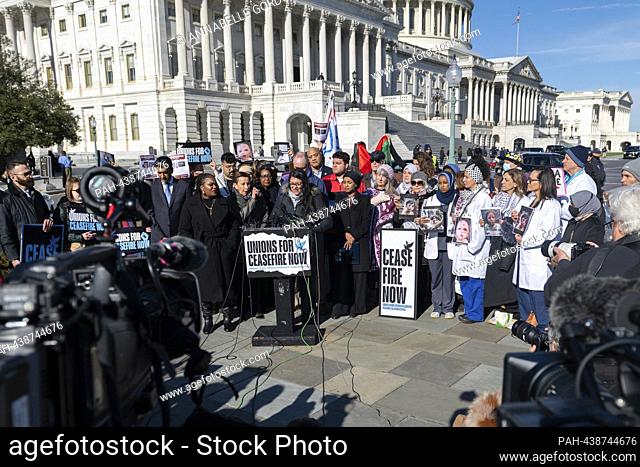 United States Representative Rashida Tlaib (Democrat of Michigan) speaks at a press conference with activists calling for a ceasefire in Gaza at the House...
