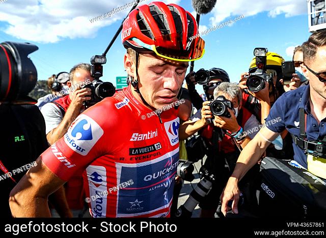 Belgian Remco Evenepoel of Quick-Step Alpha Vinyl cries of emotions after finishing general leader of the stage 20 of the 2022 edition of the 'Vuelta a Espana'