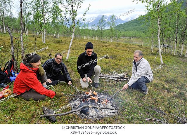 campfire, Nordmannvikdalen valley, region of Lyngen, County of Troms, Norway, Northern Europe