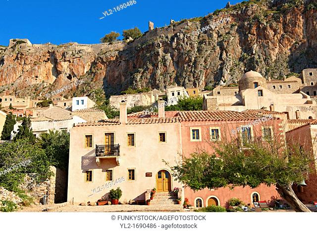 Houses of Monemvasia  eµßasa  Byzantine Island catsle town with acropolis on the plateau  Peloponnese, Greece