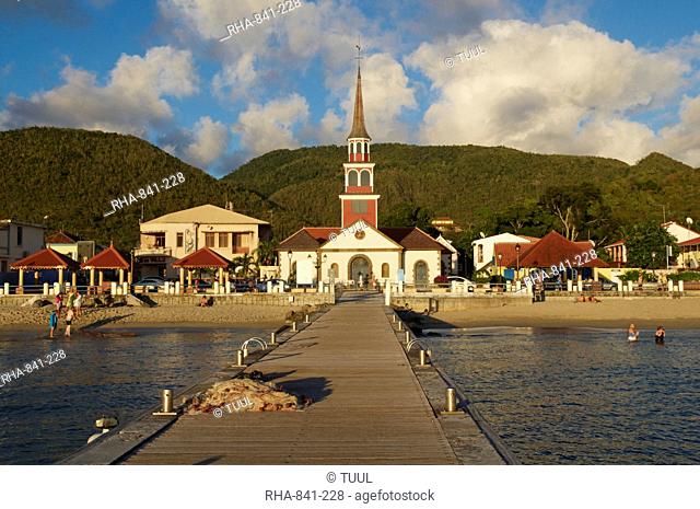 Church and pontoon, Grande Anse, Les Anses d'Arlet, Martinique, Windward Islands, French Overseas Department, West Indies, Caribbean, Central America