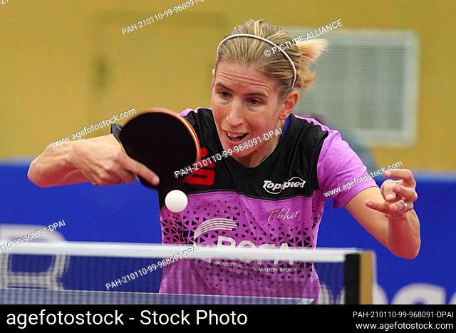 10 January 2021, Berlin: Kristin Lang from SV DJK Kolbermoor in action against B. Eerland from ttc eastside berlin during the final of the German Table Tennis...
