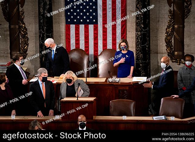 House Speaker Nancy Pelosi and Vice President Mike Pence preside over a Joint session of Congress to certify the 2020 Electoral College results on Capitol Hill...