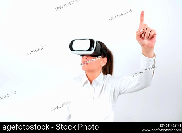 Woman Wearing Vr Glasses And Pointing On Important Message With One Finger