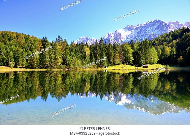 Germany, Bavaria, Isar valley, Mittenwald, Ferchensee, Karwendel mountains, autumn, water mirroring