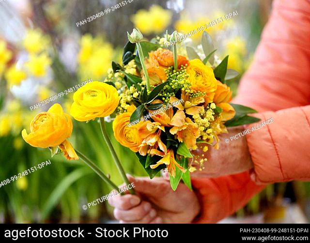 06 April 2023, North Rhine-Westphalia, Essen: An employee of the flower store ""Florenia"" ties an Easter bouquet with ranunculus