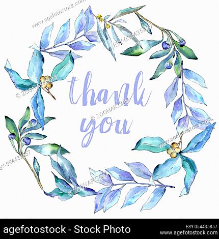 Blue elaeagnus leaves in a watercolor style. Frame border ornament square. Aquarelle leaf for background, texture, wrapper pattern, frame or border