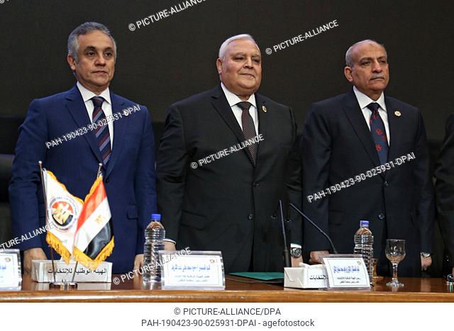 23 April 2019, Egypt, Cairo: Lasheen Ibrahim, (C), head of the Egyptian National Elections Authority (NEA), attends a press conference at the NEA's headquarters...