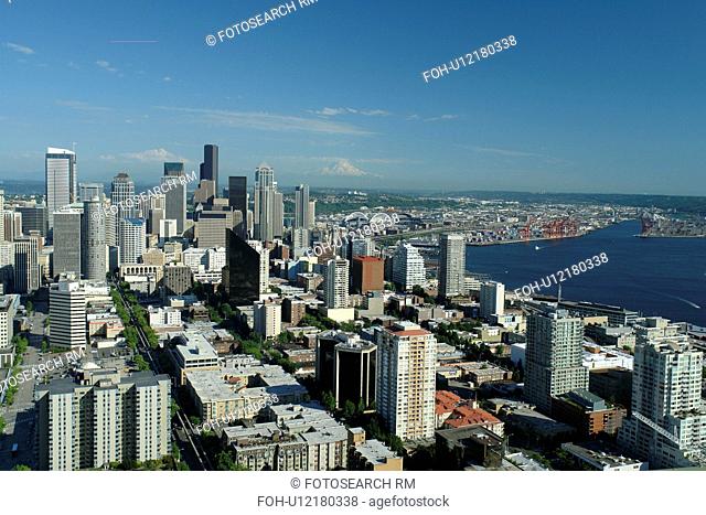 Seattle, WA, Washington, Puget Sound, downtown, skyline, aerial from Space Needle