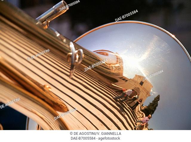 The steps of the church of Saint Francis of Paola in Montaldo Offugo, reflected in a musical instrument, Calabria, Italy