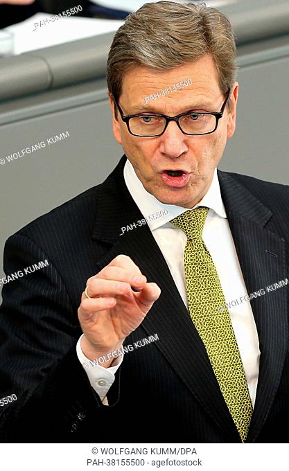 Federal Foreign Minister Guido Westerwelle (FDP) speaks during the debate about disarmament and arms control in the German Bundestag in Berlin, Germany