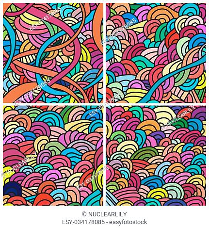 Set of four seamless patterns. Bright backgrounds with linear doodles, scales, diagonal waves, hand drawn graphics made with graphics tablet