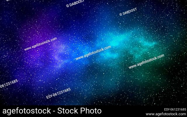 Night starry sky and bright blue green galaxy, horizontal background. 3d illustration of milky way and universe