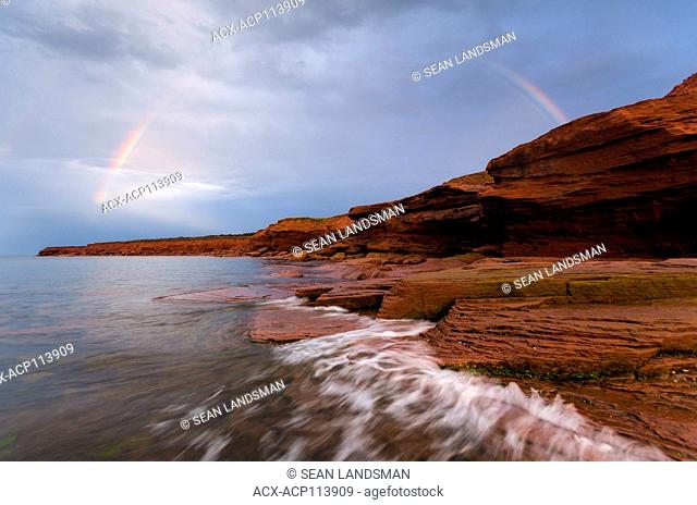sandstone, rainbow, ocean, Gulf of St. Lawrence, Prince Edward Island National Park, Cavendish, Prince Edward Island, Canada