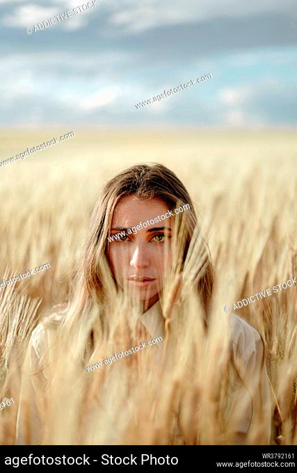 woman, serious, wheat field