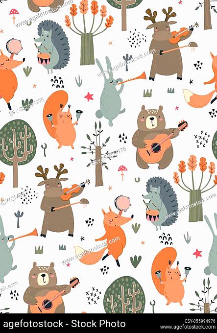 Vector seamless pattern with hand drawn wild forest animals with musical instruments. Colorful endless background for textile, wrapping paper, invitations