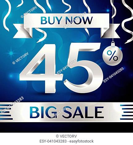 Realistic banner Merry Christmas with text Gold Big Sale buy now forty five percent for discount on blue background. Confetti, christmas ball and gold ribbon