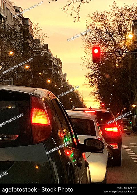 Urban traffic at dusk. Madrid, Spain