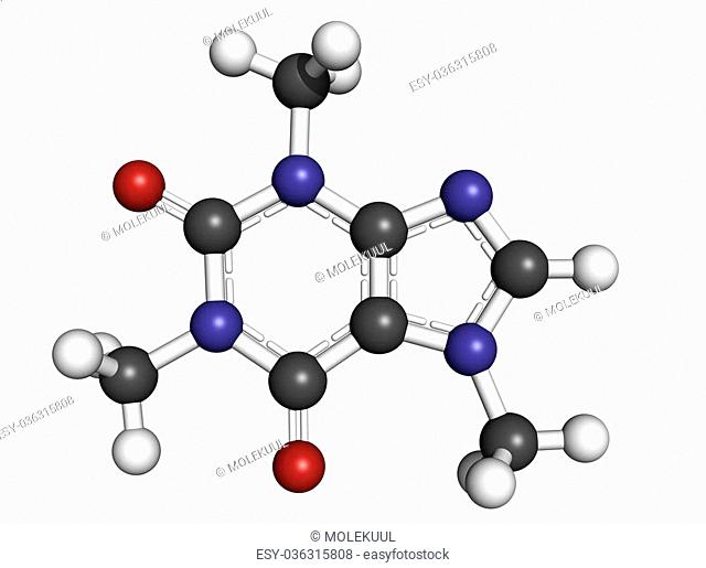 Caffeine, molecular model. Atoms are represented as spheres with conventional color coding: hydrogen (white), carbon (grey), oxygen (red), nitrogen (blue)