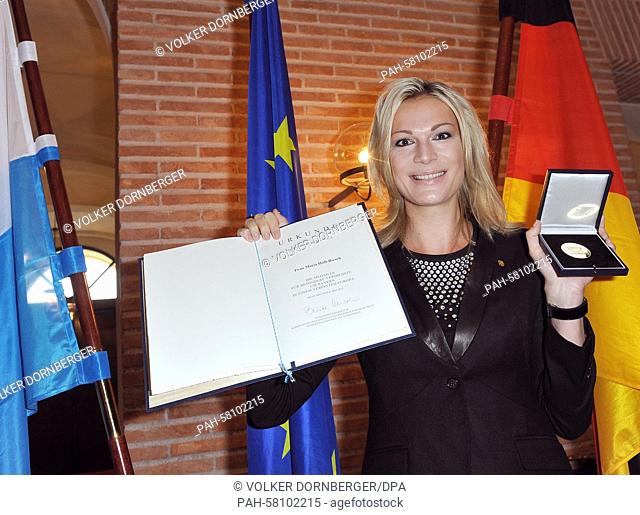 Former ski racer Maria Hoefl-Riesch was honored with the 'Medal of merit to Bavaria in a United Europe' (Bavarian Europe-Medal) in the Prinz Carl Palais...
