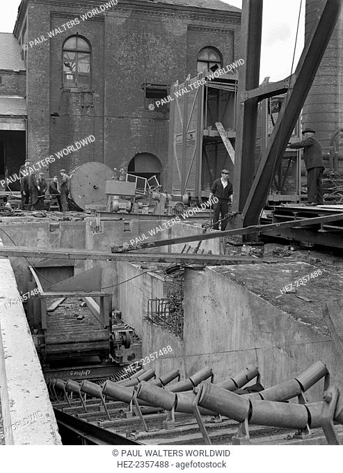 Newly installed conveyor sytem at Hickleton Main pit, Thurnscoe, South Yorkshire, 1961. The conveyor sytem at Hickleton Main before the belt was fitted in July...