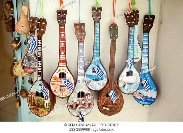 Shop selling traditional Greek music instruments in town center, Mykonos, Cyclades Islands, Greek Islands, Greece, Europe