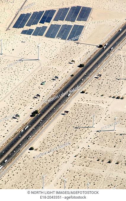 USA, California, Palm Springs. Aerial view of interstate 10 (Sonny Bono Memorial Freeway) passing through San Gorgonio Wind Farm in the Coachella Valley