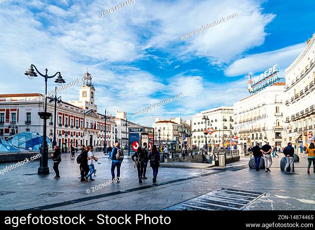 Madrid, Spain - November 1, 2019: Scenic view of famous Puerta del Sol square. Morning view