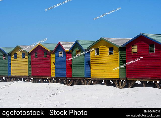 View of colorful beach changing huts on the beach at Muizenberg, a beach-side suburb of Cape Town, South Africa