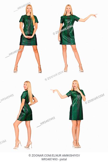 Young woman in green dress isolated on white