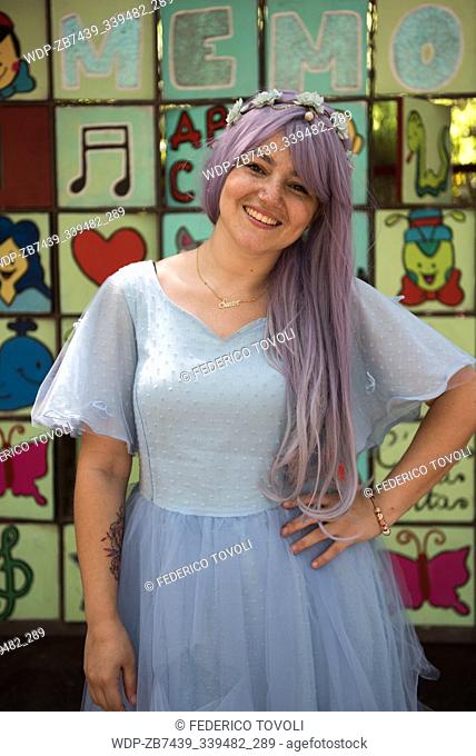 Member of the Pinocchio Park staff working dressed by a Pinocchio Story character. ""Fata dai capelli turchini "" fairy with blue hair