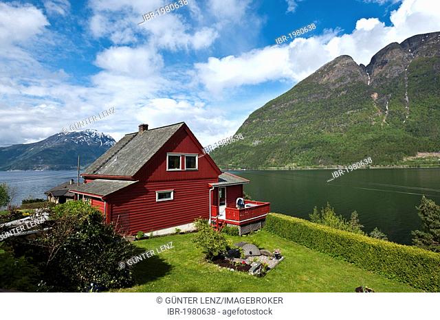Typical red wooden house on the Hardanger Fjord, Norway, Scandinavia, Northern Europe, PublicGround