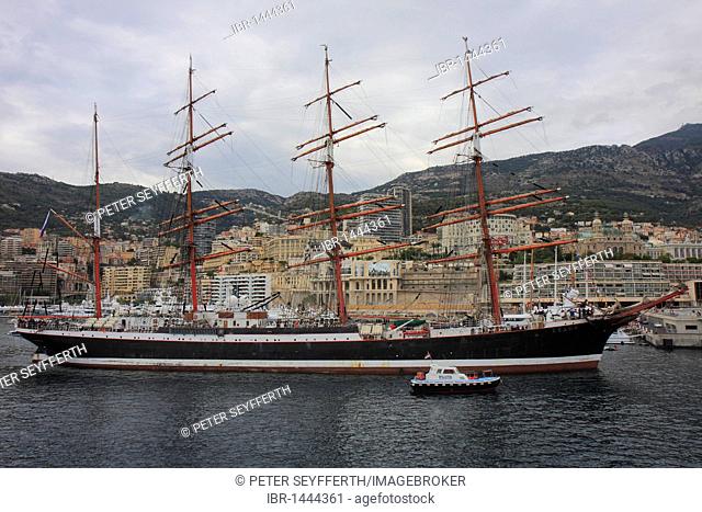 Russian training sailing ship Sedov, the world's biggest classic sailing ship, leaving the port of Monaco, Cote d'Azur, Europe